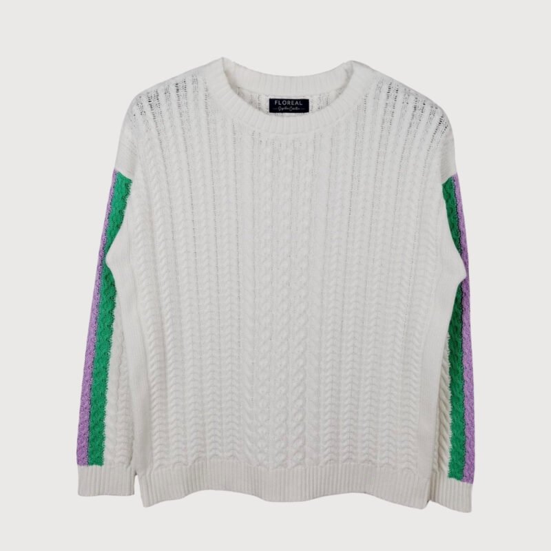 White Cable with Striped Sleeves