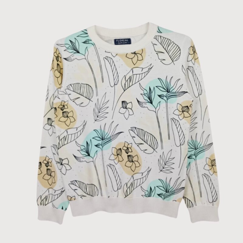 White Floral Print Crew Neck Sweater