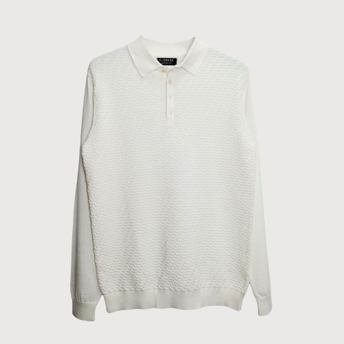 White Textured Cotton Long-Sleeved Polo Shirt
