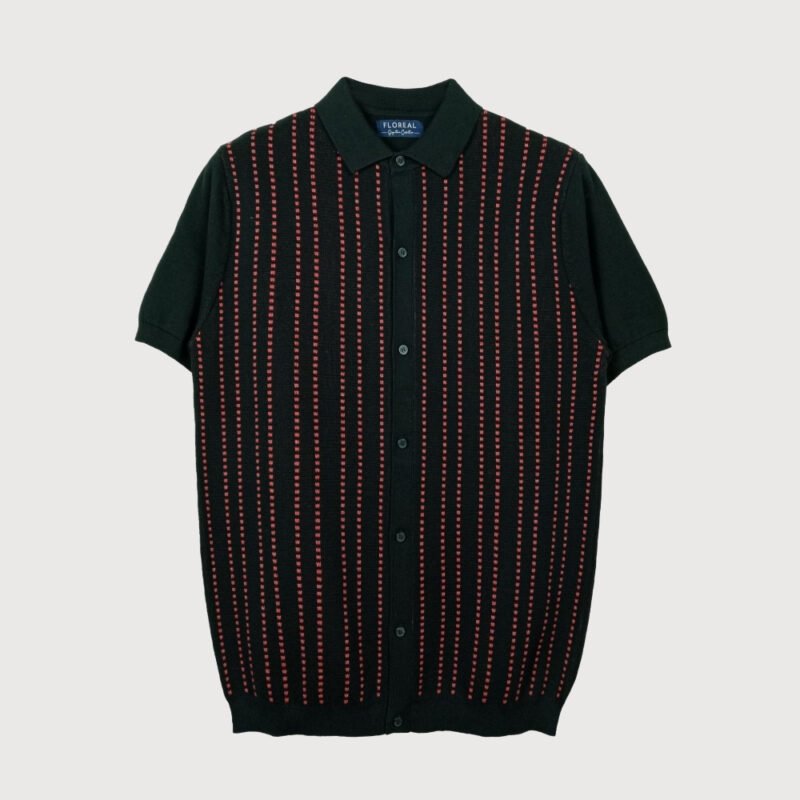 Black Pinstripe Full-Placket Polo Shirt