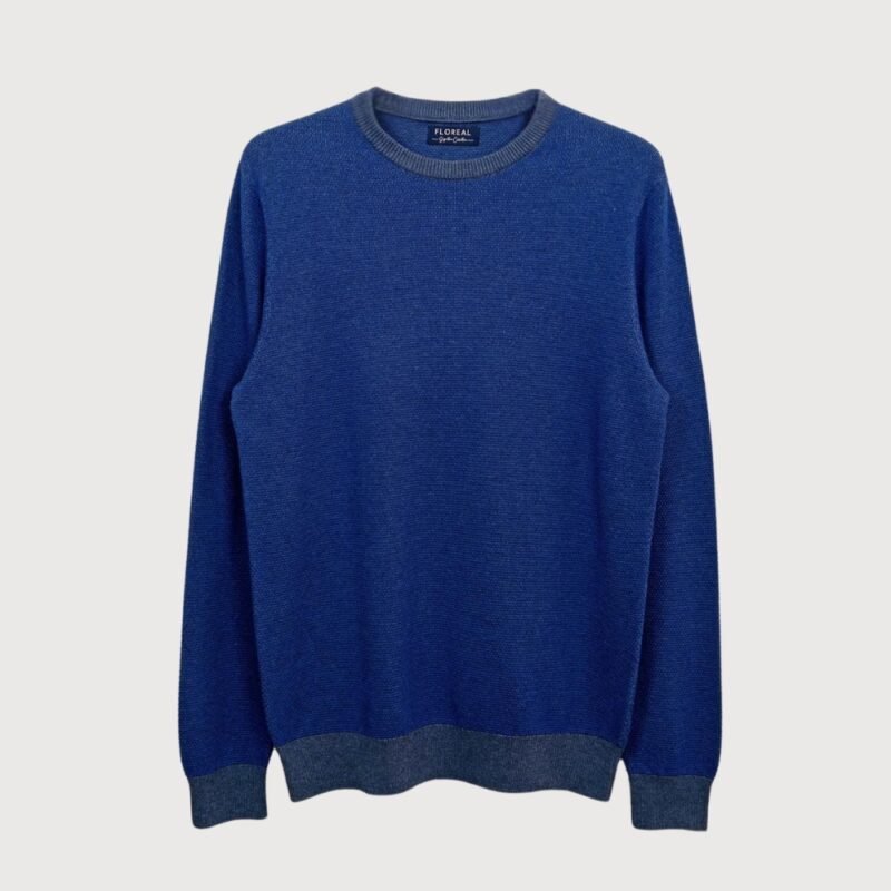 Blue Textured Crew Neck Sweater