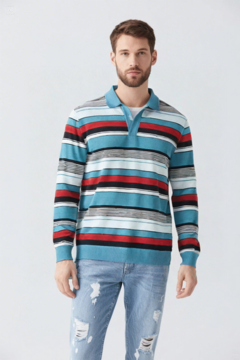 Multi-Stripe Long-Sleeved Knit Polo Sweater - Image 4
