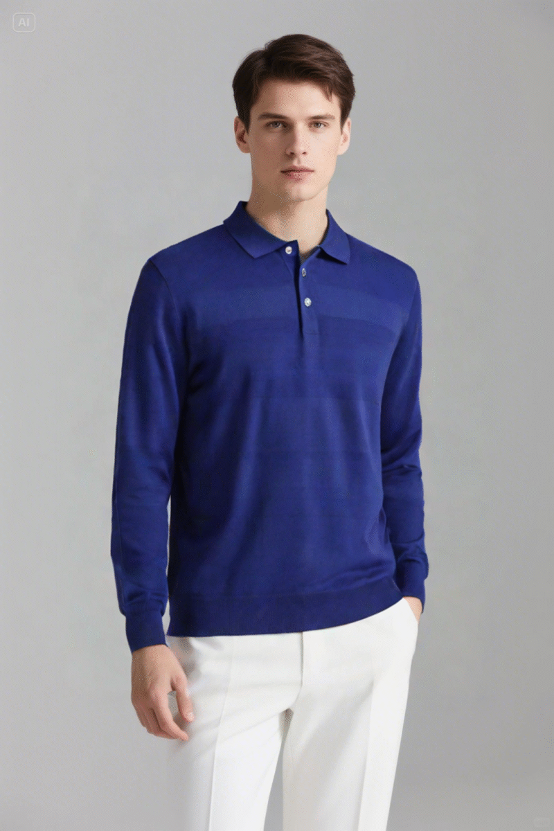 Blue Striped Long-Sleeved Knit Polo Shirt - Image 4