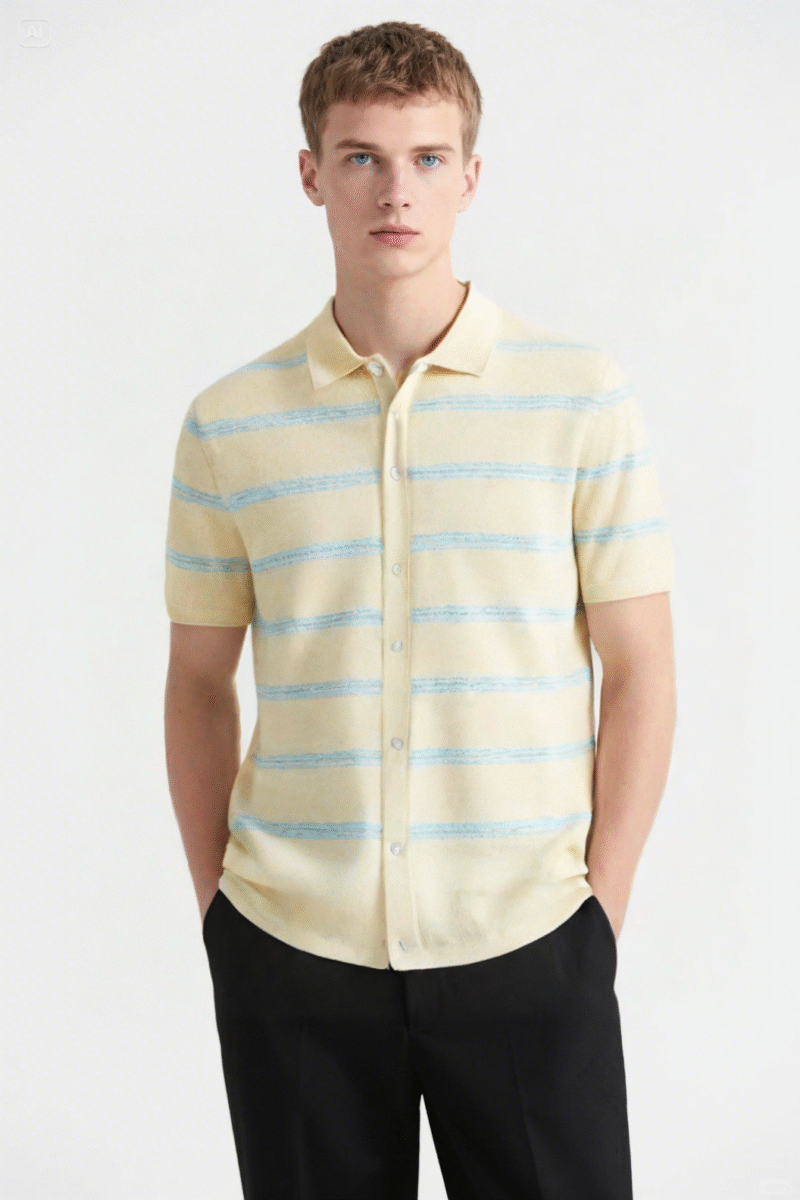 Striped Bouclé Knit Button-Up Polo Shirt - Image 4