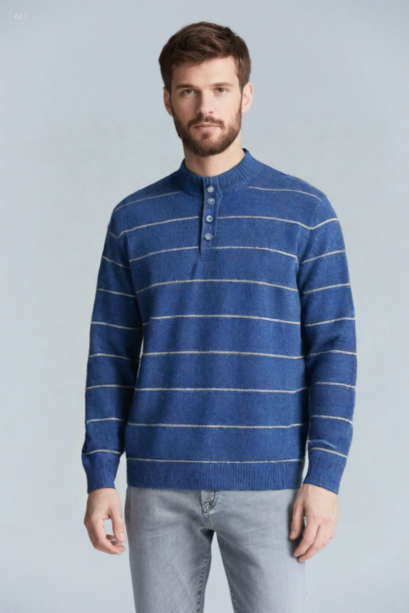Blue Striped Button-Neck Lambswool Sweater - Image 4