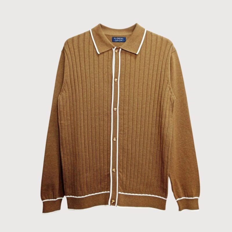 Brown Ribbed Button-Down Cotton Sweater