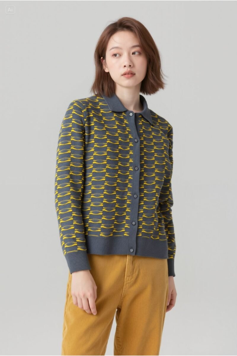 Cotton Jacquard Pattern Cardigan - Image 4