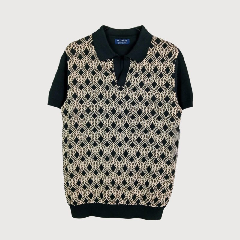 Men’s Geometric Jacquard Knit Polo – Black and Beige
