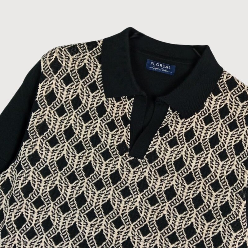Men’s Geometric Jacquard Knit Polo – Black and Beige