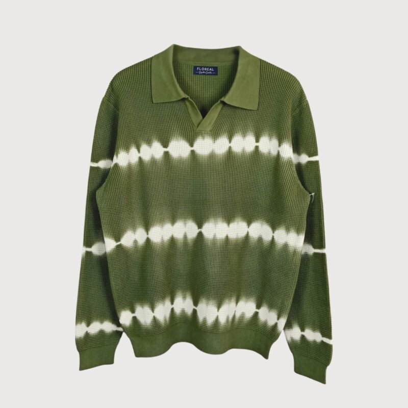Men’s Waffle Knit Polo Sweater – Olive with White Gradient Stripes