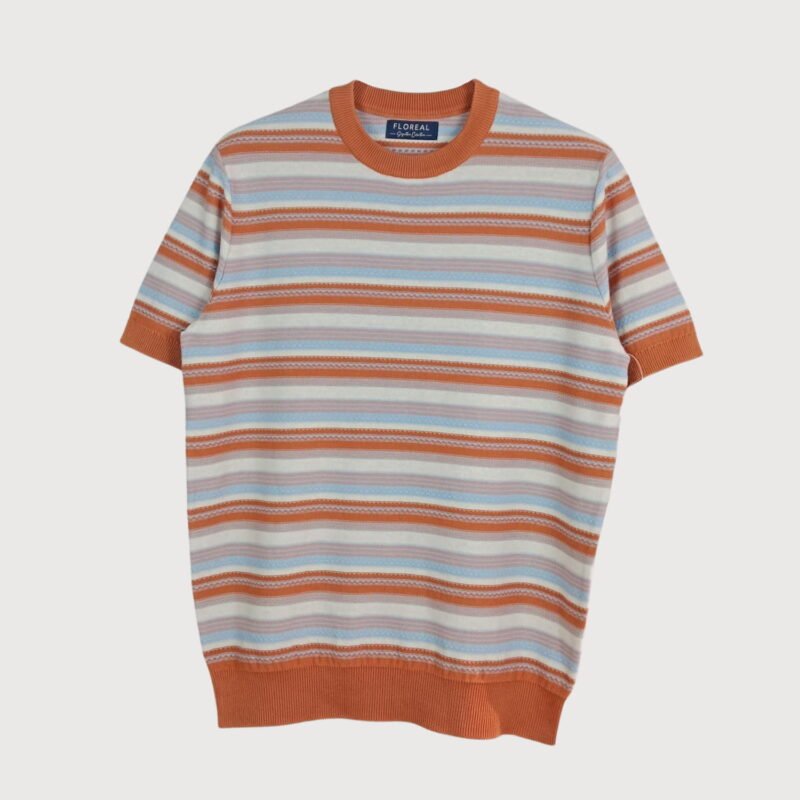 Men’s Multi-Stripe Textured Knit Tee – Terracotta and Sky Blue