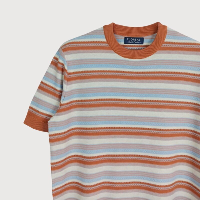 Men’s Multi-Stripe Textured Knit Tee – Terracotta and Sky Blue