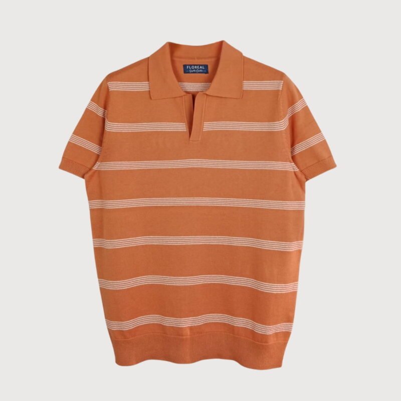 Men’s Striped Knit Polo – Terracotta Orange