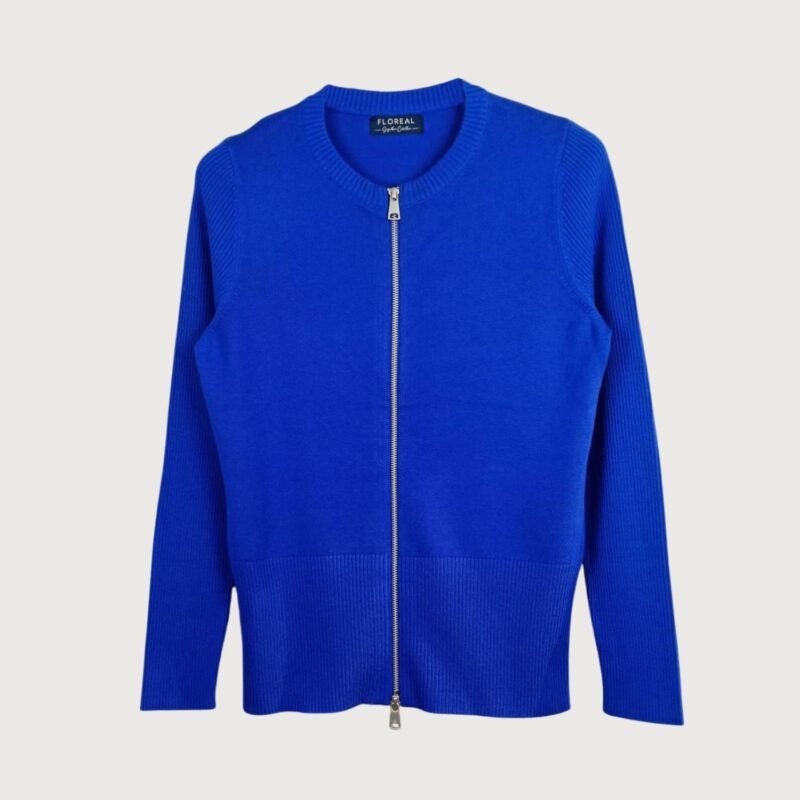 Women’s Royal Blue Rib-Accent Zip-Front Cardigan