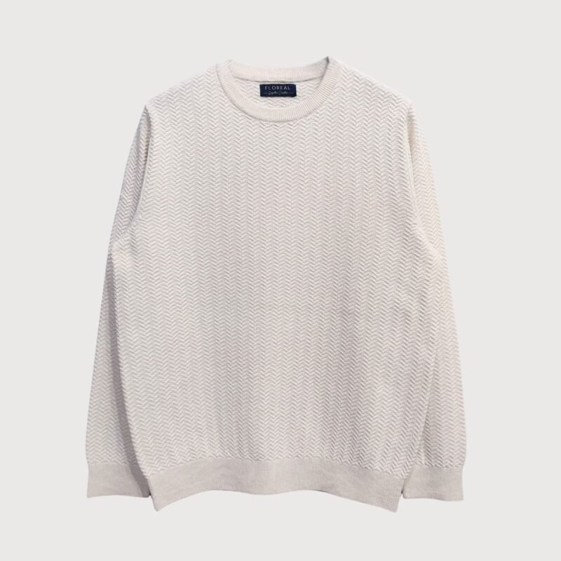 Men’s Ivory Herringbone Textured Crew Neck Sweater