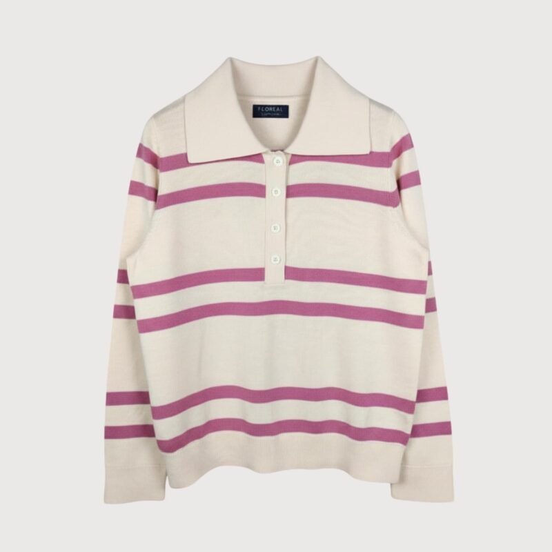 Women’s Striped Knit Polo Sweater – Cream & Mauve