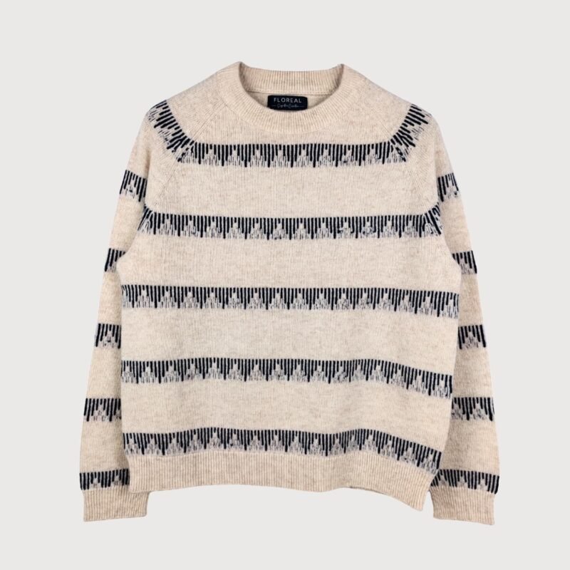 Women’s Nordic-Inspired Geometric Stripe Sweater – Oatmeal & Navy