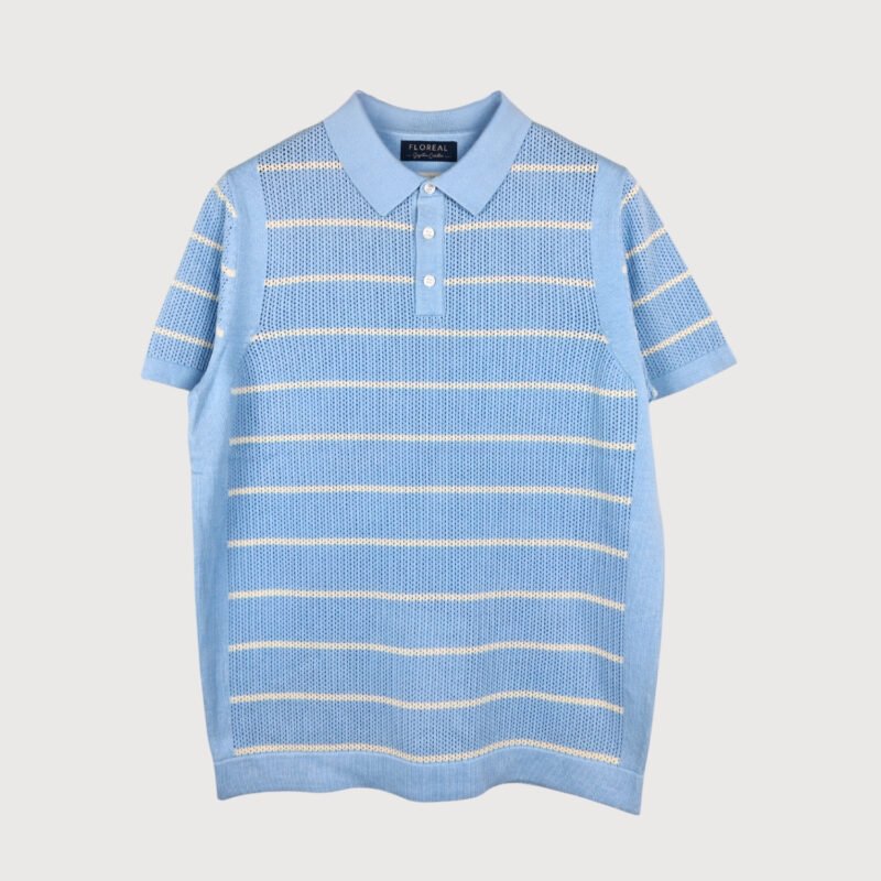 Men’s Sky Blue Open-Knit Striped Polo