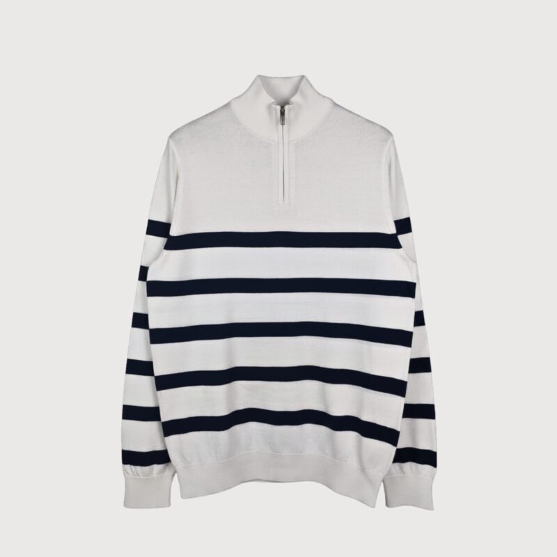 Men’s Breton Stripe Quarter-Zip Knit Sweater – White & Navy
