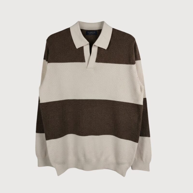 Striped Textured Knit Polo Sweater