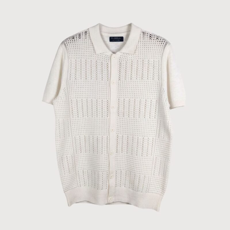Open-Knit Button-Down Short-Sleeve Polo Cardigan