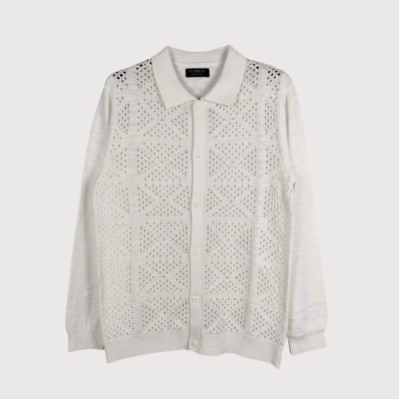 Open-Knit Button-Down Polo Cardigan